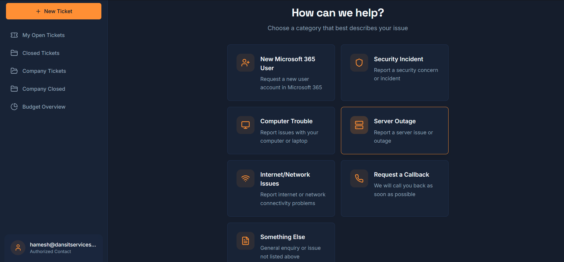 Dan's IT Services support portal interface showing ticket categories